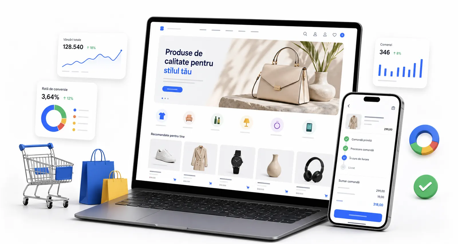 Interfață de magazin online pe laptop și telefon